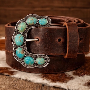Southwestern Sterling Ranger B Turquoise Belt Buckle – Handmade Cowgirl Western Leather Belt image 1