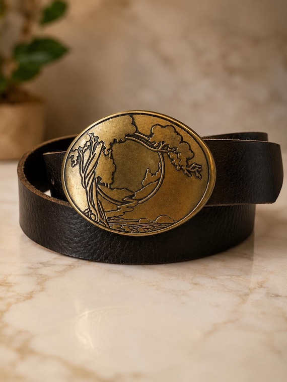 Vintage Nature Scene Belt Buckle with Handmade Leather Belt, Rustic Planet Earth Nature Buckle, Brass Tone Oval Buckle, Unisex Gift
