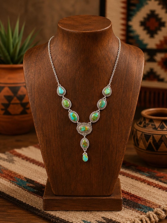 Sterling Silver Turquoise Necklace | 20 Inch Southwestern Statement Necklace | Genuine Turquoise Jewelry | Boho Western Lariat