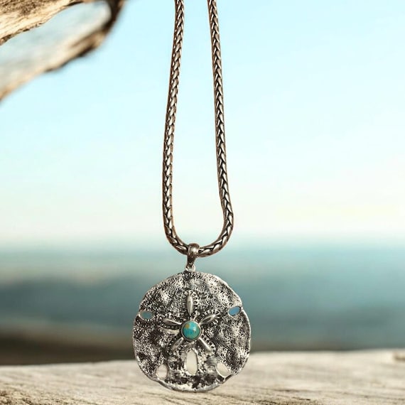 Sand Dollar Pendant with Turquoise Necklace | Handcrafted White Brass| Nautical Coastal Accessory for Beach Lover | Gift for Her