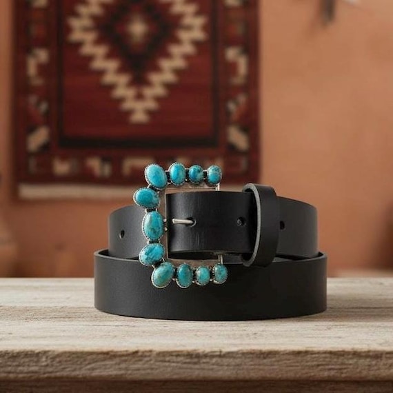 Sterling Silver Turquoise Southwestern Belt Buckle Set, Genuine Leather Belt