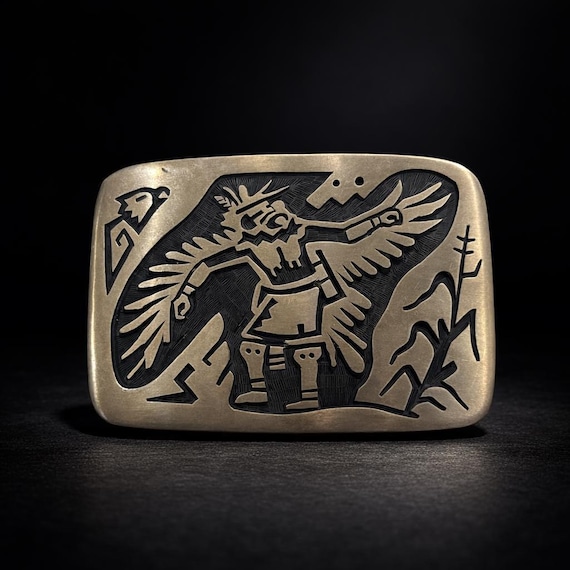 Vintage Hopi Belt Buckle, Kachina Inlay Sterling Silver, w/ Premium Custom Genuine Leather Belt