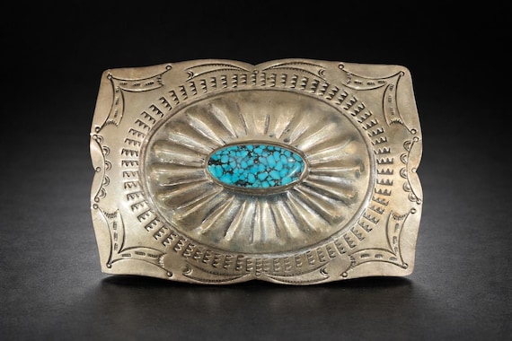 Vintage Sterling Silver Turquoise Belt Buckle with Handmade Leather Belt – Signed Tony Guerro – Navajo Artisan Buckle