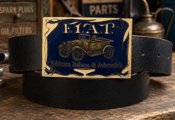 Vintage FIAT Brass Belt Buckle with Enamel | Genuine Leather Belt | Classic Car Collector