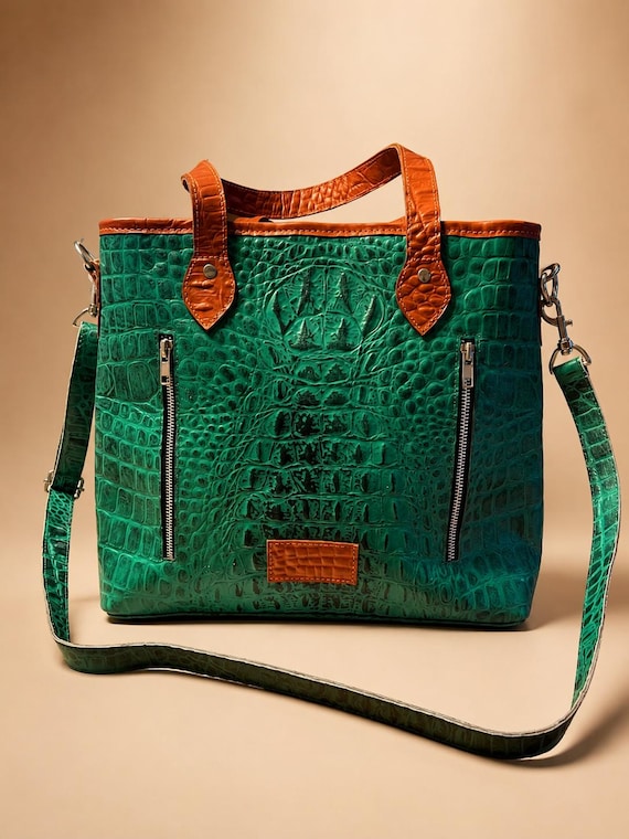 Emerald Green Alligator Tote Bag | Crossbody Handbag | Western Boho Purse | Crossbody Shoulder Bag | Handmade Statement Bag