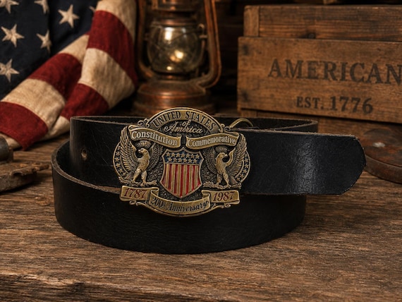 United States Constitution 200th Anniversary Belt Buckle with Custom Genuine Leather Belt – 1787–1987 Bicentennial Commemorative – Vintage