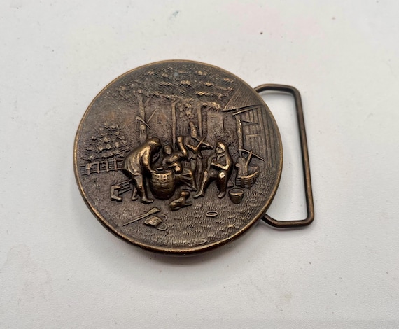 Vintage Belt Buckle MEDIEVAL VILLAGE, Solid Brass, Optional Belt