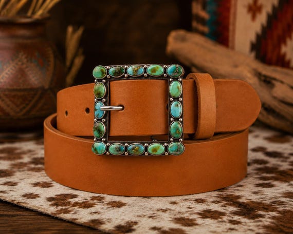 Sterling Silver Turquoise Belt Buckle – Southwestern Leather Cowgirl Boho Western Belt Custom Genuine Leather Belt