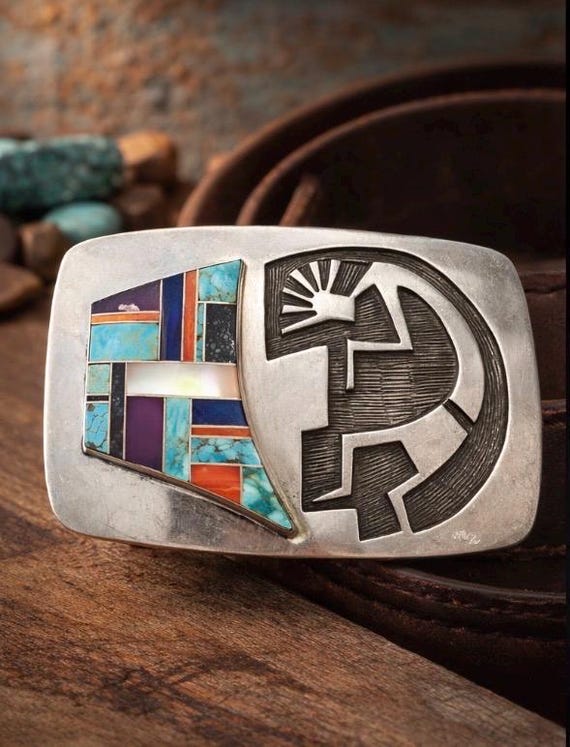 Signed T. Thomas Sterling Silver Kokopelli Belt Buckle, Turquoise Coral Inlay Southwestern Style