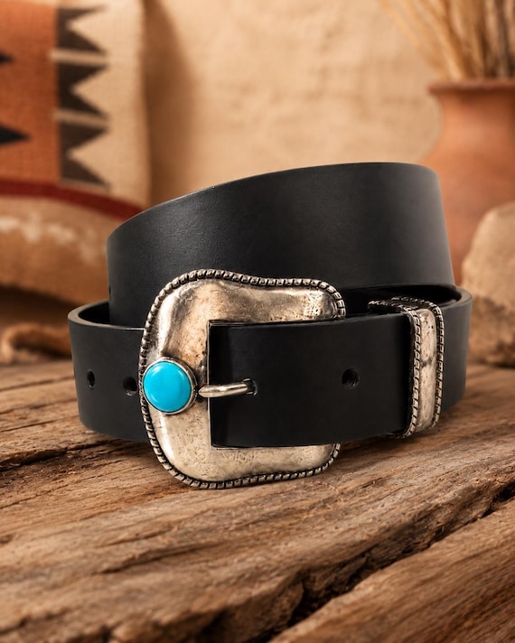 Southwestern Belt, White Brass Turquoise Belt Buckle with Custom Genuine Leather Belt, Handmade Leather Belt Boho Gift Accessory