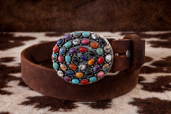 Rare ! Multi- Stone Sterling Silver Turquoise Belt Buckle – w/ Premium Leather Belt