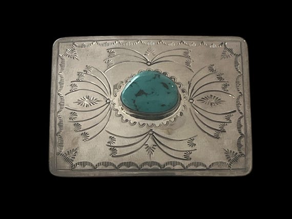 Sterling Silver Turquoise Belt Buckle – Signed Tim Guerro Southwestern Hand Stamped Western Buckle