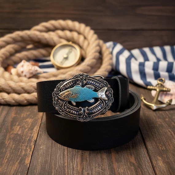 Fish Belt Buckle with Custom Leather Belt – Solid Brass Nautical Statement