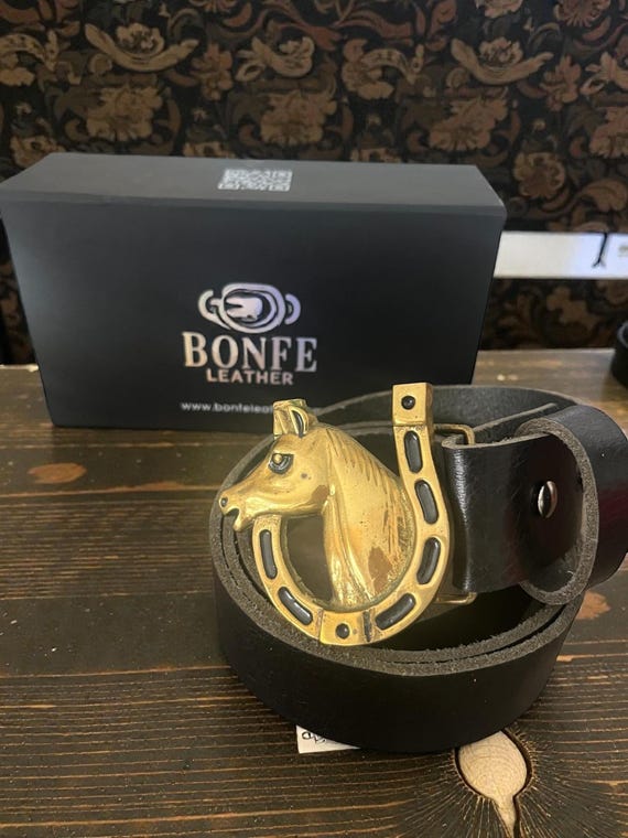 Vintage Belt Buckle Equestrian Horse and Horseshoe Cowboy Unisex, Custom Genuine Leather Belt