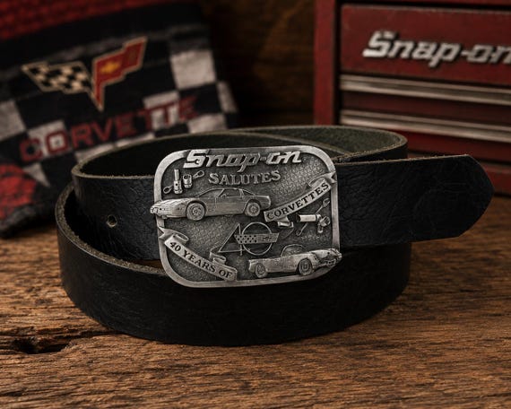 Limited Edition Snap-On Corvette Belt Buckle with Genuine Leather Belt | Vintage 40 Years of Corvettes Chevy Collector Gift