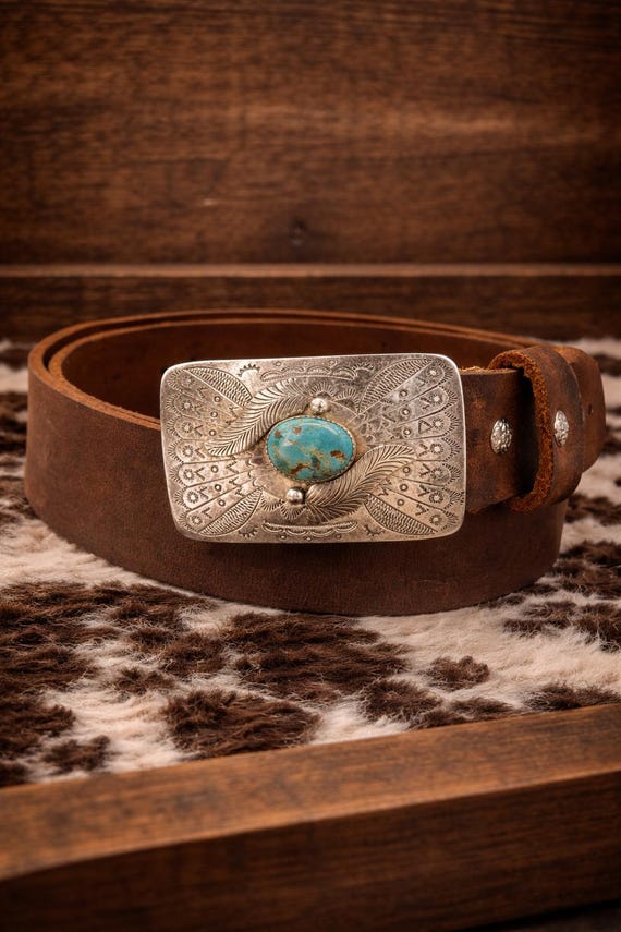 Vintage NOS Southwestern Turquoise Sterling Silver Belt Buckle, Optional Leather Belt