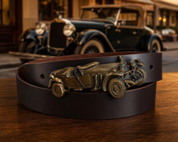 Vintage 1920s Sports Roadster Belt Buckle with Custom Genuine Leather Belt | Solid Brass Classic Automobile Buckle | Antique Car Enthusiast