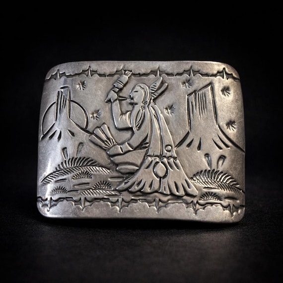 Sterling Silver Southwestern Belt Buckle, Dancer Motif, Signed Robert Becenti Jr. with Custom Genuine Leather Belt