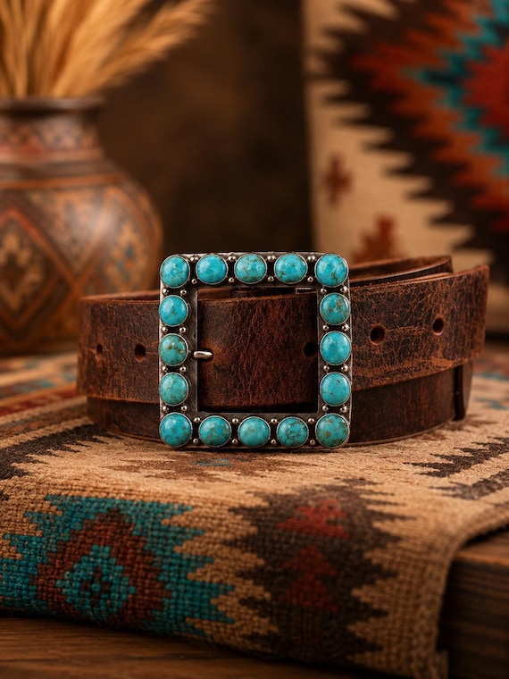 Sterling Silver Turquoise Belt Buckle | Premium Leather Western Belt