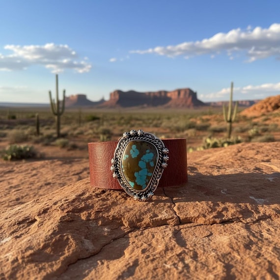Kingman Turquoise Leather Cuff Bracelet – Handcrafted Western Jewelry