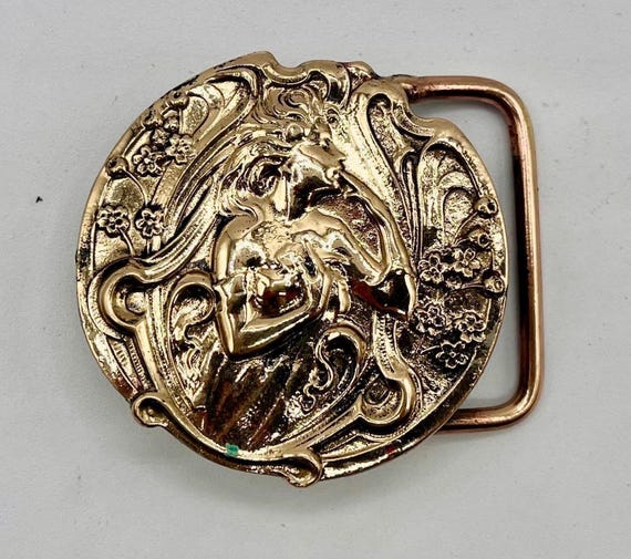 Leather Belt Buckle: Art Nouveau Lady Design (Handmade Brass)