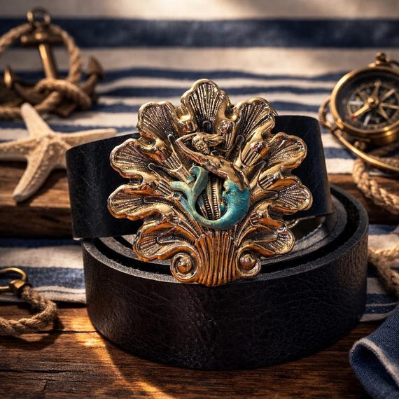 Mermaid On A Seashell Nautical Belt Buckle by Silversmith Richard Kaish, w/ Leather Belt