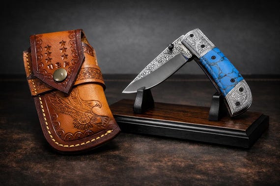 Hand Engraved Turquoise Folding Knife, Eagle USA Design, Bonfe Leather Sheath