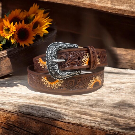 Southwestern Leather Belt: Hand-Carved Sunflower Design