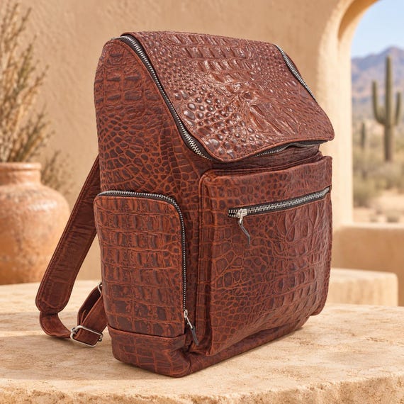 Genuine Alligator Leather Backpack, Havana Brown Travel Backpack