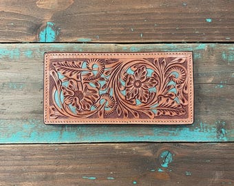Women Carved Leather Wallet- Compact (Tan & Turquoise or Brown)