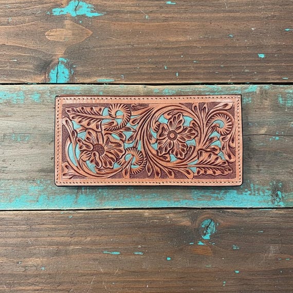 Women Carved Leather Wallet- Compact (Tan & Turquoise or Brown)