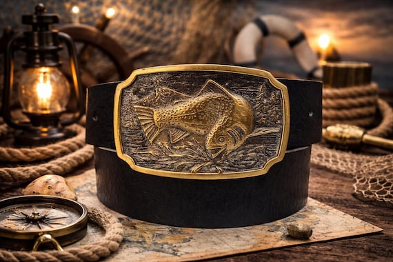 Vintage Fish Belt Buckle, Solid Brass | Custom Genuine Leather Belt | Nautical Fisherman Gift | Gift for Him