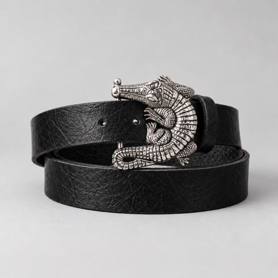 White Brass Alligator Belt Set, Genuine Leather, Alligator Statement Buckle Accessory with Custom Handcut Genuine Leather Belt