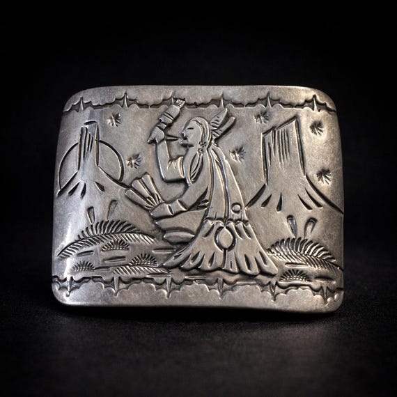 Robert Becenti Jr. Sterling Silver Southwestern Belt Buckle, Dancer Motif, Repoussé Art