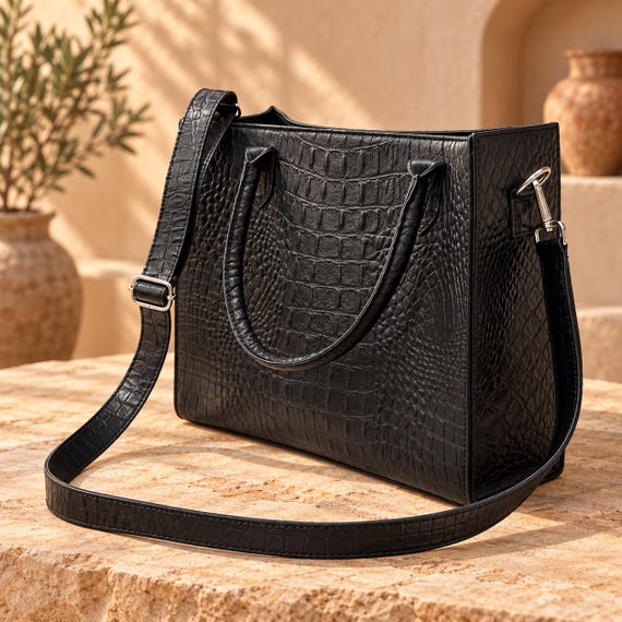 Genuine American Alligator Leather Crossbody Satchel, Timeless Black Luxury Structured Handbag | Handmade Alligator Purse - 13 "