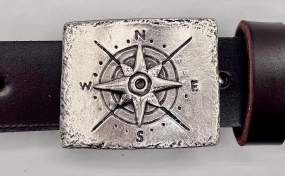 Compass Rose Belt Buckle: Pewter w/ Premium Leather Belt