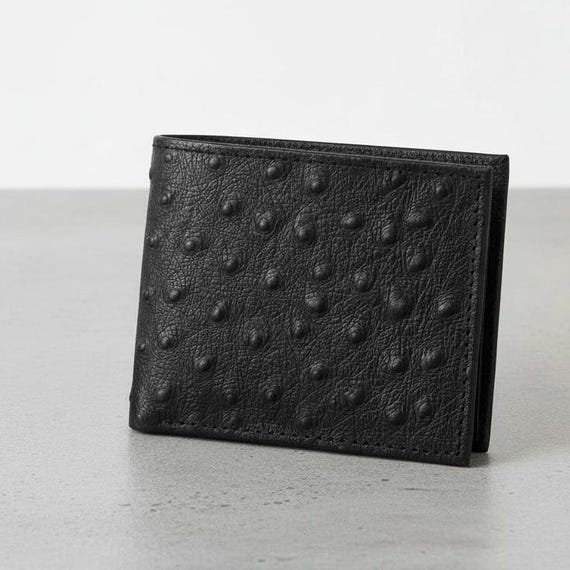 Black Ostrich Leather Wallet for Men – Genuine Exotic Leather Bifold Wallet – Luxury Minimalist Wallet with ID Window – Gift for Him
