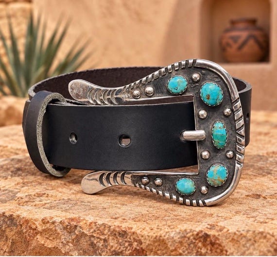 Turquoise Ranger Buckle | White Brass w/ Handmade Genuine Leather Custom Handcut Belt
