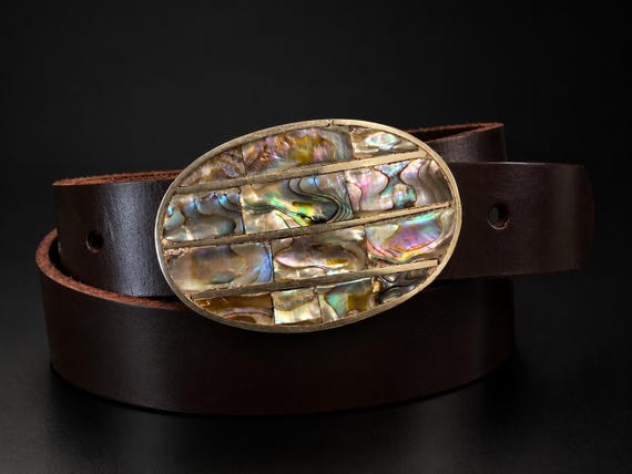 Vintage Abalone Shell Belt Buckle with Genuine Leather Belt | Oval Silver Buckle | Handmade Custom Leather Belt | Western Gift