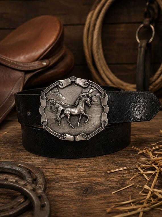 Handmade Southwestern Horse Belt, Floral Cowgirl Leather Belt, Rodeo Style