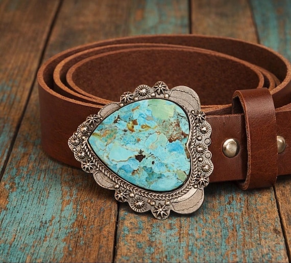 Southwestern Turquoise Belt Buckle with Custom Leather Belt – Sterling Silver Turquoise Buckle – Western Women’s Belt – Cowgirl Belt
