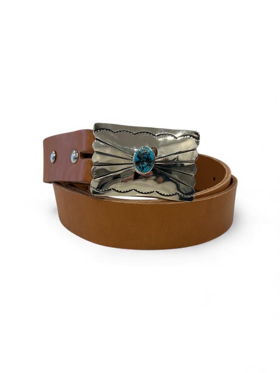 Turquoise Belt Buckle with Handmade Leather Belt
