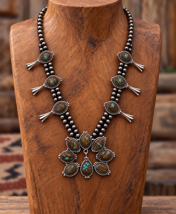Southwestern Sterling Silver Royston Squash Blossom Necklace |  Statement Necklace Brown Blue Turquoise, 55 g