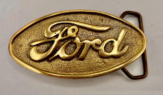 Vintage Ford script brass belt buckle including a custom-made US cowhide belt, your choice of four colors. by Bonfe Leather.