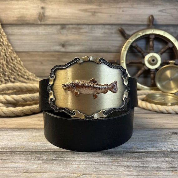 Vintage Fish Belt Buckle, Solid Brass | Custom Genuine Leather Belt | Nautical Fisherman Gift | Gift for Him