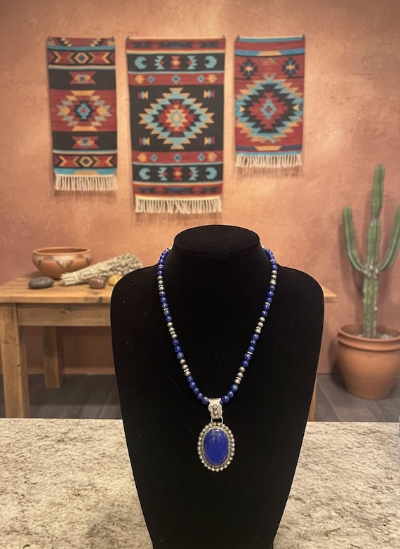 Lapis Pendant Necklace | Sterling Silver Navajo Pearl Necklace | 22” Southwestern Statement Jewelry