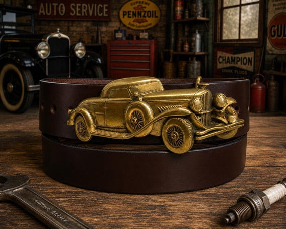Vintage 1930s Auburn Speedster Style Brass Belt Buckle & Handmade Leather Belt | Baron Buckle 1978 | Classic Car Gift
