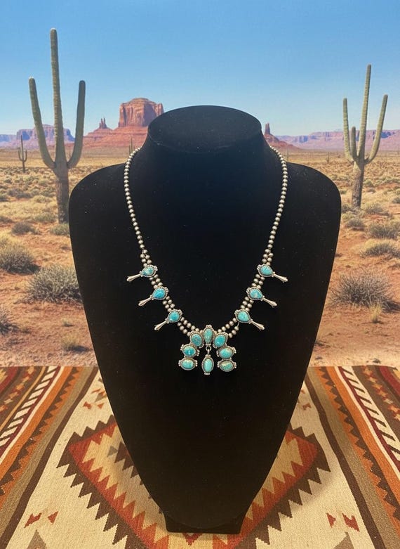 Southwestern White Water Turquoise Squash Blossom Necklace | Sterling Silver Beaded Necklace | Statement Turquoise Pendant | Western Gift
