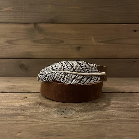 Large Feather Belt Buckle, Custom Genuine Leather Cowhide Belt, Multiple Colors - Handmade
