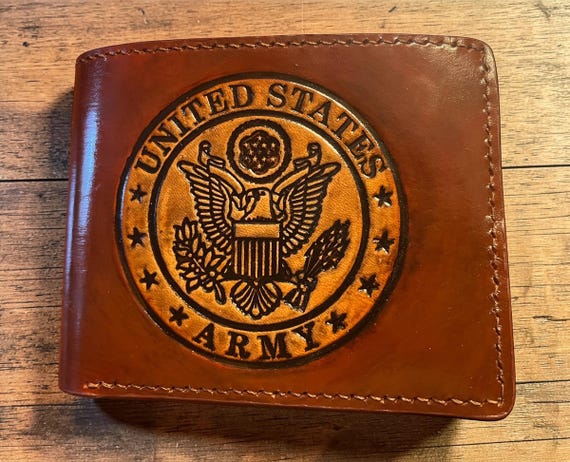 Hand Carved Leather Bifold Wallet: US Army Emblem, Veteran Gift